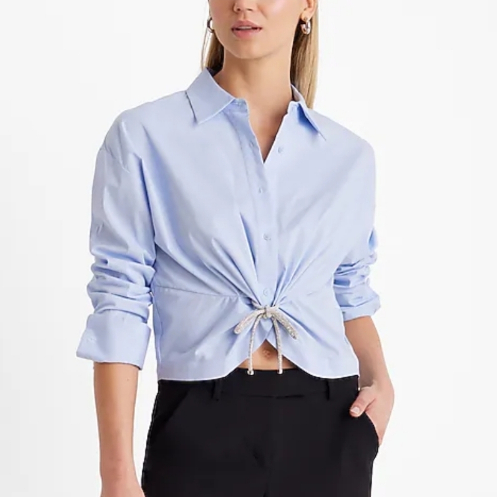 Express Cinched Front Cropped Shirt Blouse Rhinestone Bow Womens Size XL New